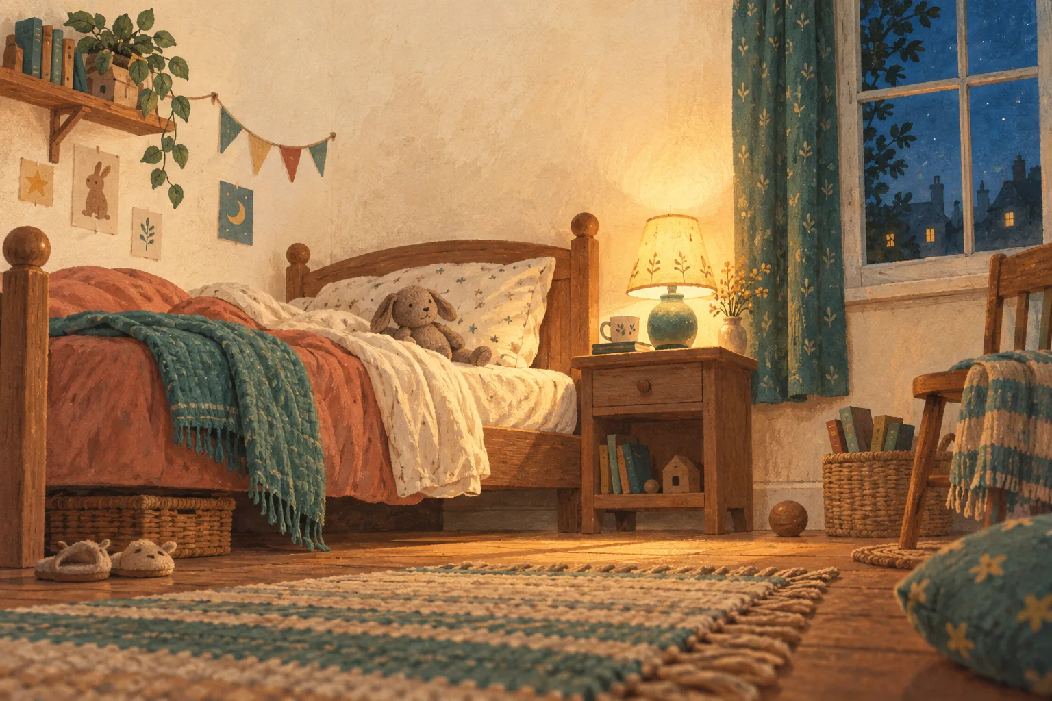 A child’s bedroom at dusk: a turned-down bed with a small rabbit toy, a lit bedside lamp, and a starry sky through the window