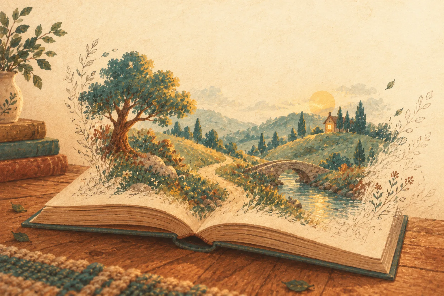 A landscape of hills, a winding path and a stone bridge rising out of the pages of an open book