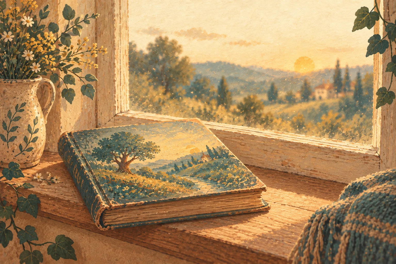 A worn picture book resting on a sunlit windowsill, with hills and a low sun beyond the glass