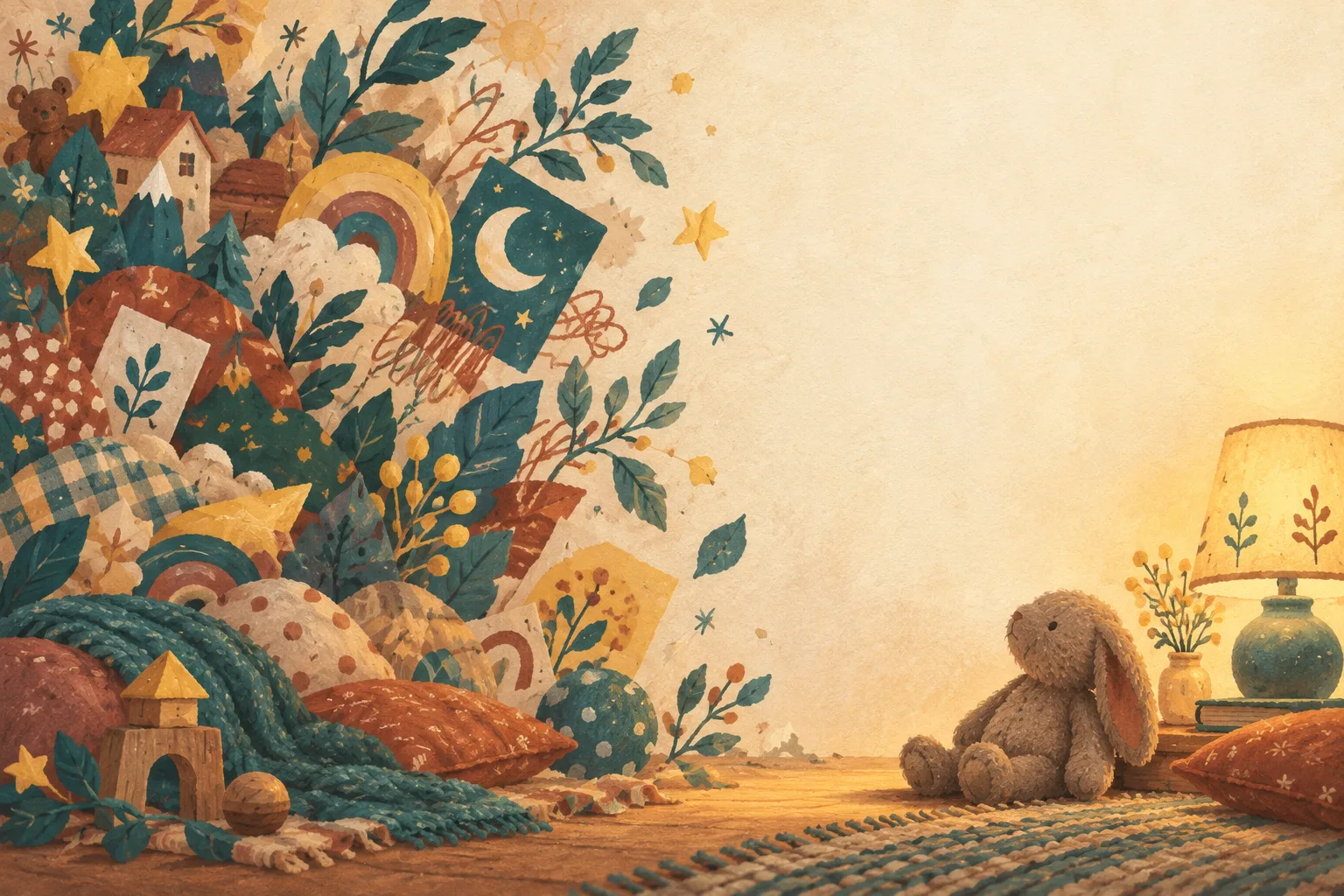 A dense cluster of toys, patterns and shapes on one side of a room giving way to calm empty space and a single soft toy on the other