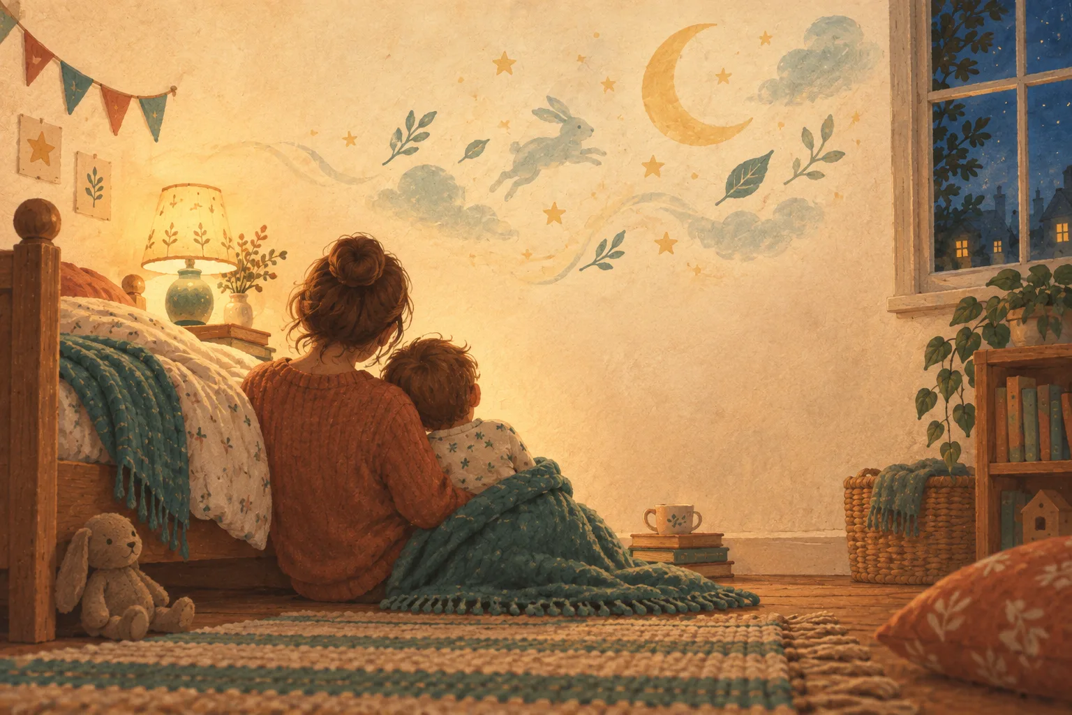 An adult and a small child sitting together on the floor beside a bed, seen from behind, with a moon and a leaping rabbit painted on the wall above them